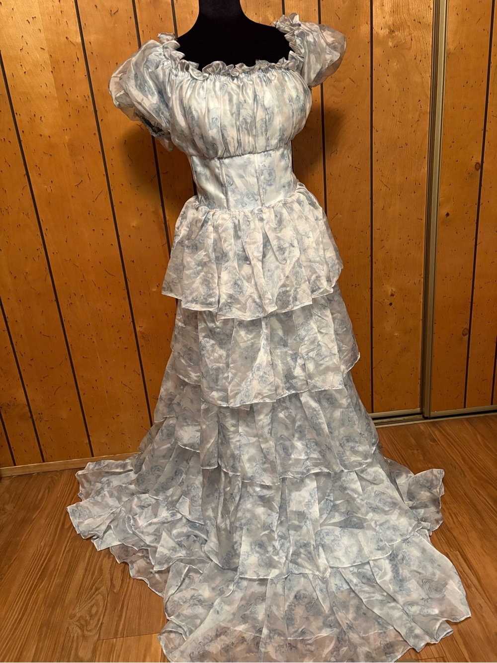 Zapaka brand Off-Shoulder Light Blue Tiered Maxi Dress